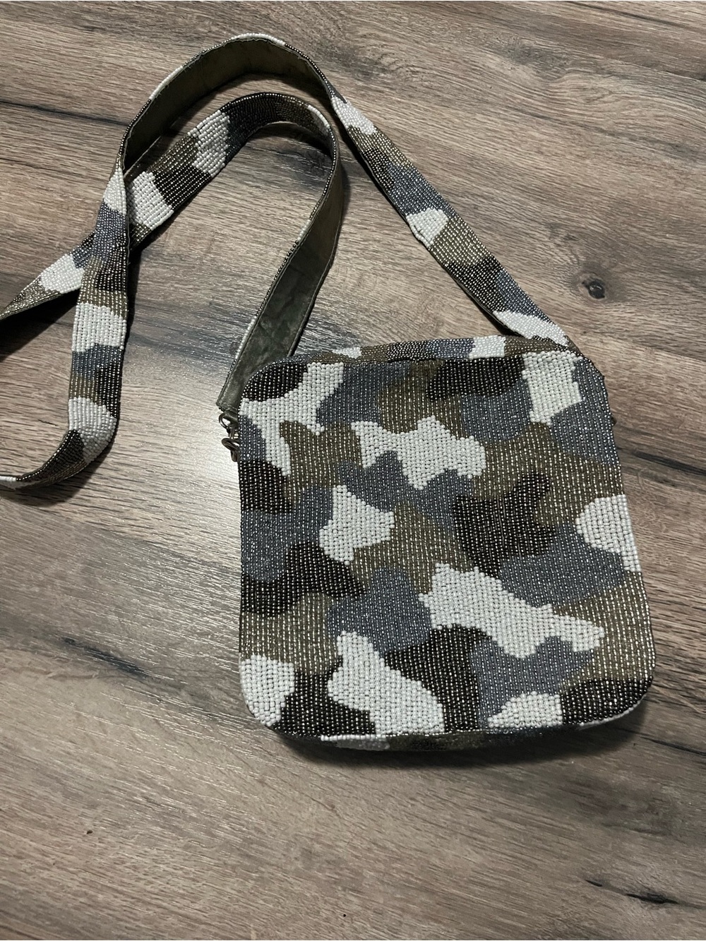 Moyna Beaded Camo Crossbody Bag in White, Gray, Brown, Black